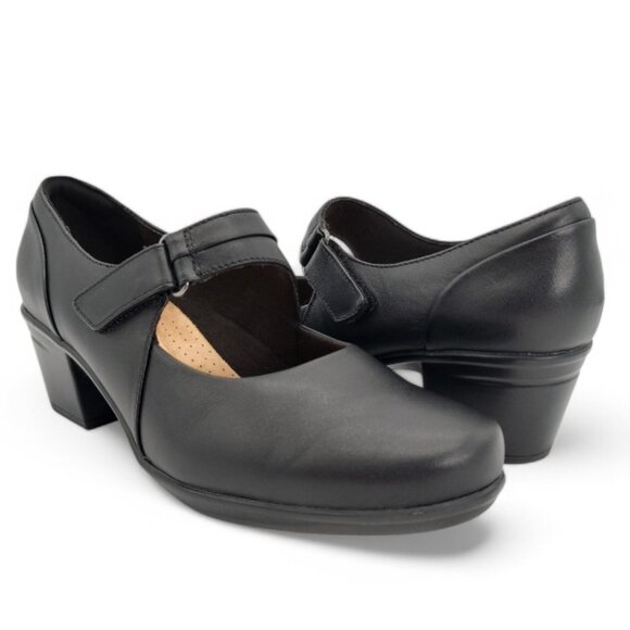 Clarks Women's Size 8 Wide Black Emslie Lulin Mary Jane Chunky Block Heel Pumps - Picture 1 of 16